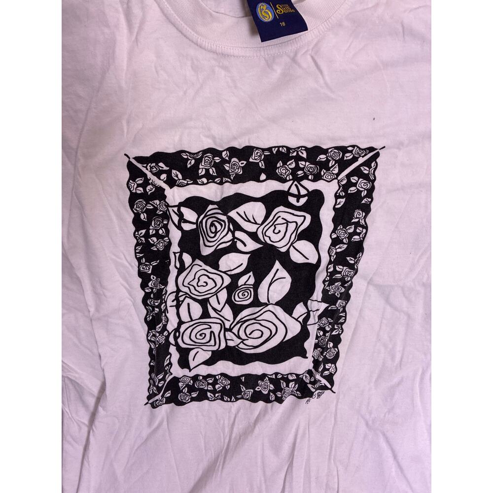 Vintage Black & White Linocut Rose Floral Graphic T-Shirt Womens Large 16 Tee - Picture 3 of 5